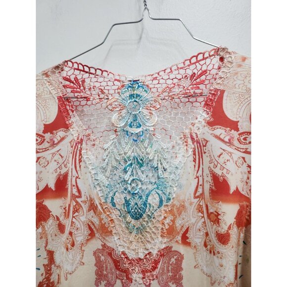Reba Womens BOHO Tunic Top Small Orange Blue Lace Paisley Rhinestone Long Sleeve - Picture 8 of 9